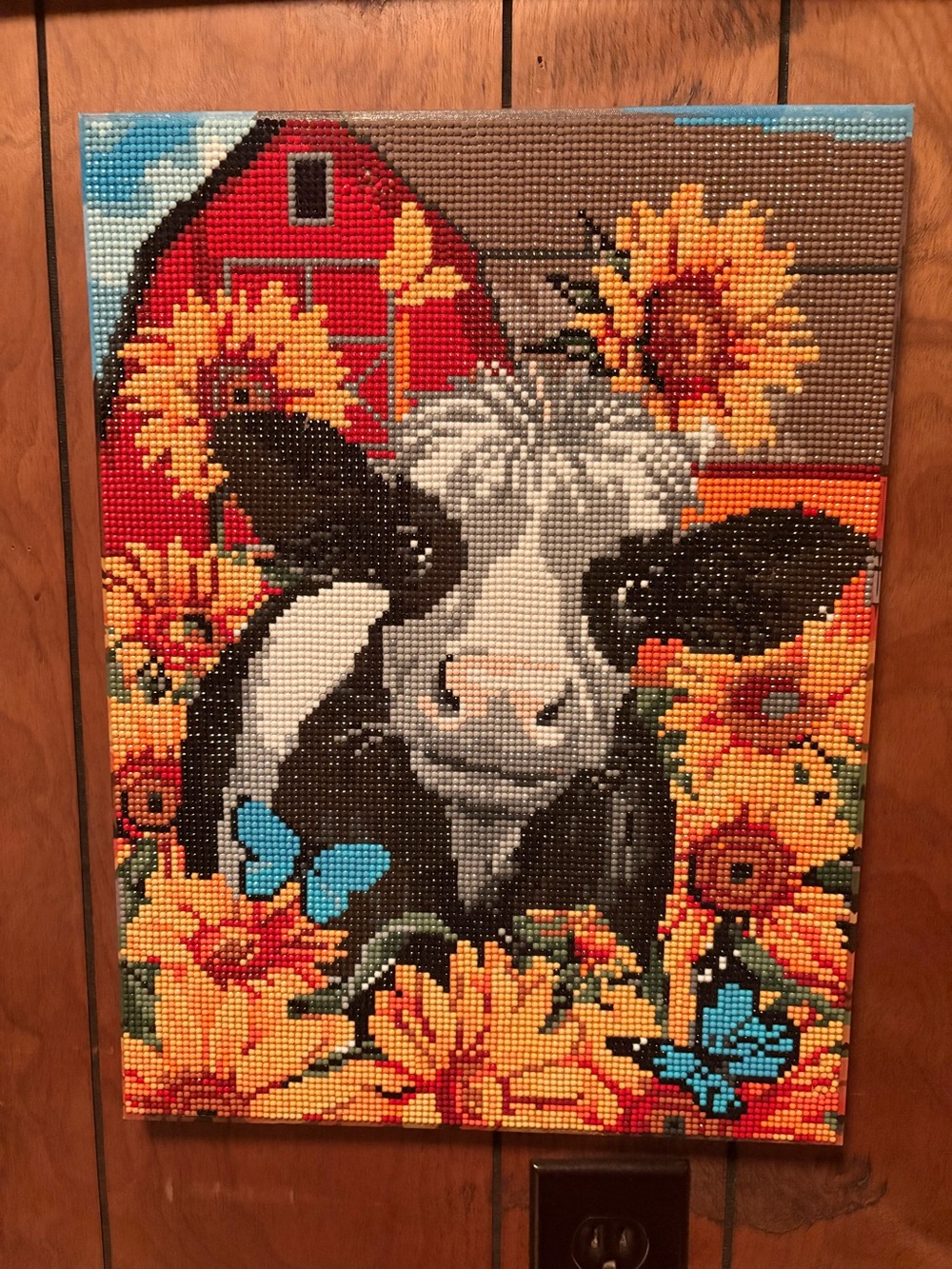 Cow Portrait Diamond Art with Sunflowers and Blue Butterflies